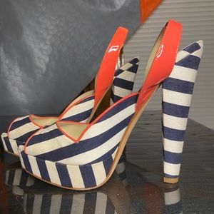 Brian Atwood Slingback Peep Toe Striped Heel